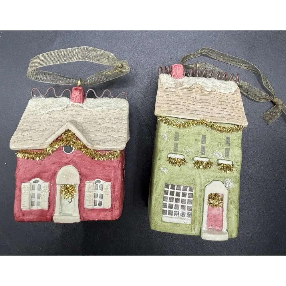 Vtg Lot Of 2 Hallmark Old Town Village Homes Ceramic Christmas Ornaments -LO24